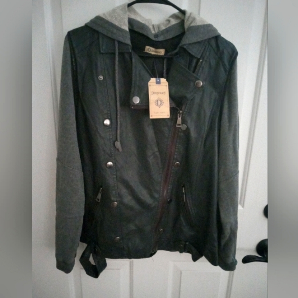 Democracy Vegan Leather Hooded Jacket Size L NWT